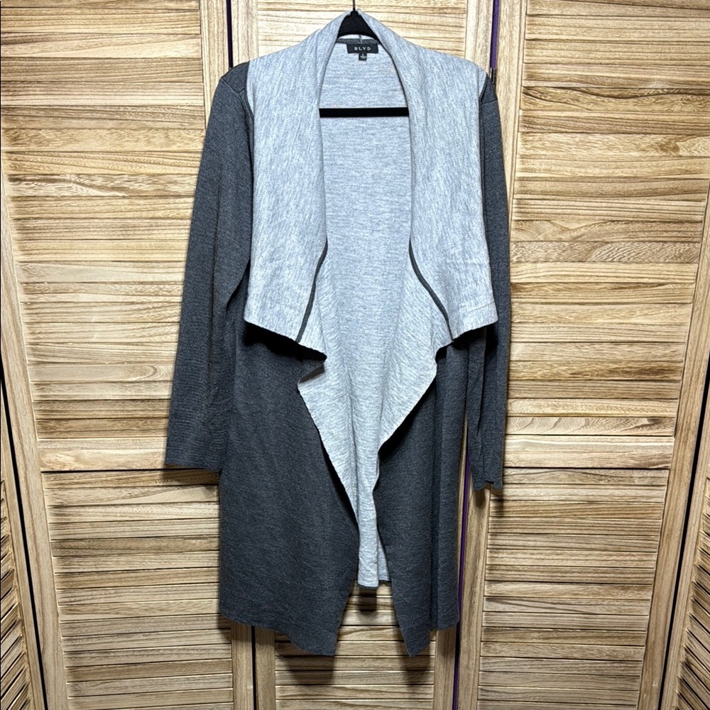 BLVD Gray and Black Cardigan Sweater with Waterfall Front Size Large